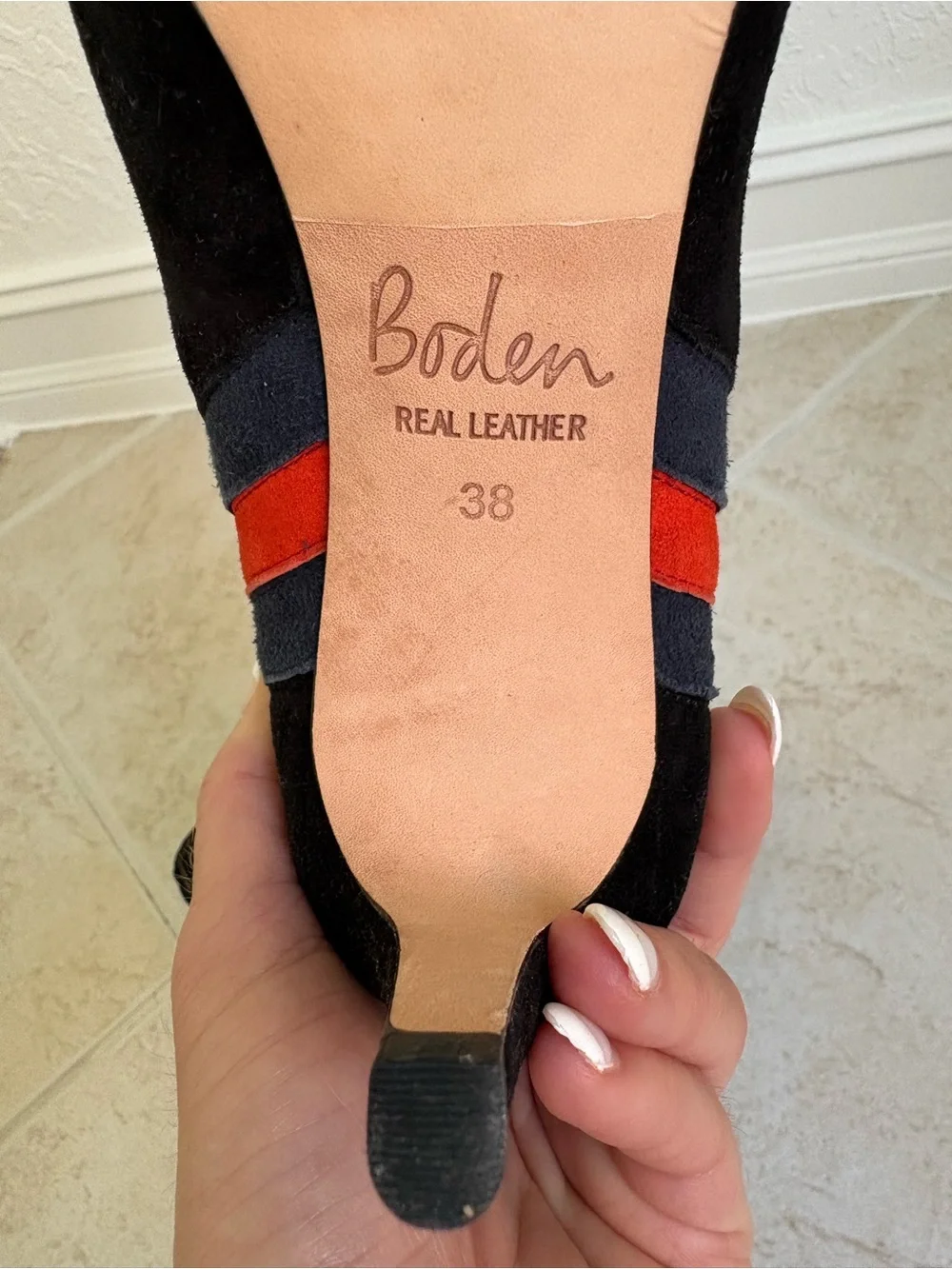 Boden Black Suede Ankle Boots with Navy and Red Stripes size 38